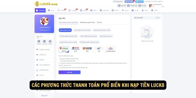 Các phương thức thanh toán phổ biến khi nạp tiền Luck8