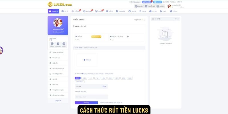 Cách thức rút tiền luck8