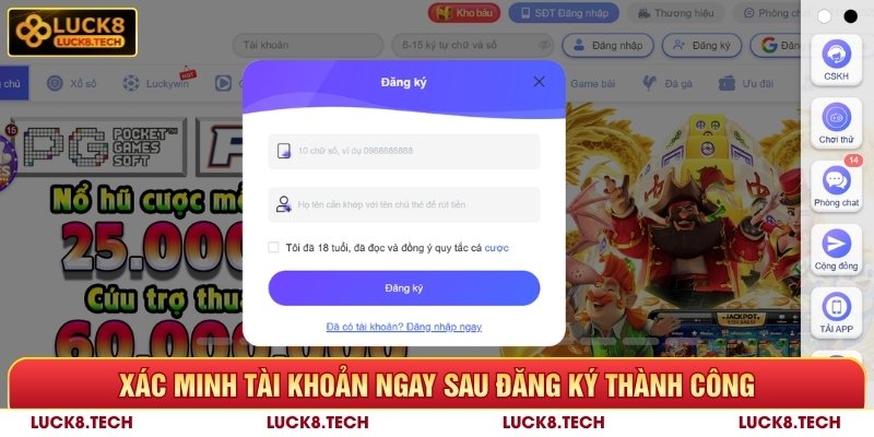 Xác minh tài khoản ngay sau đăng ký thành công