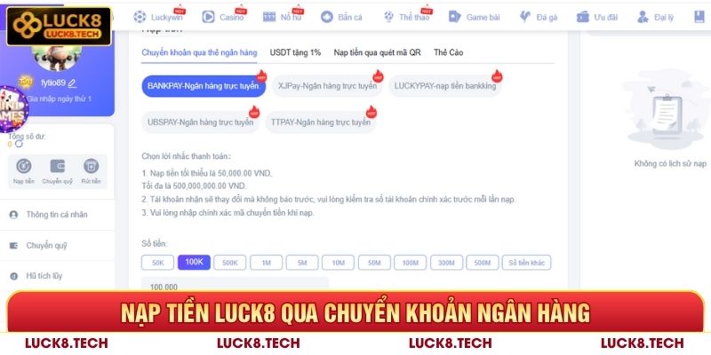 Nạp tiền Luck8 qua chuyển khoản ngân hàng